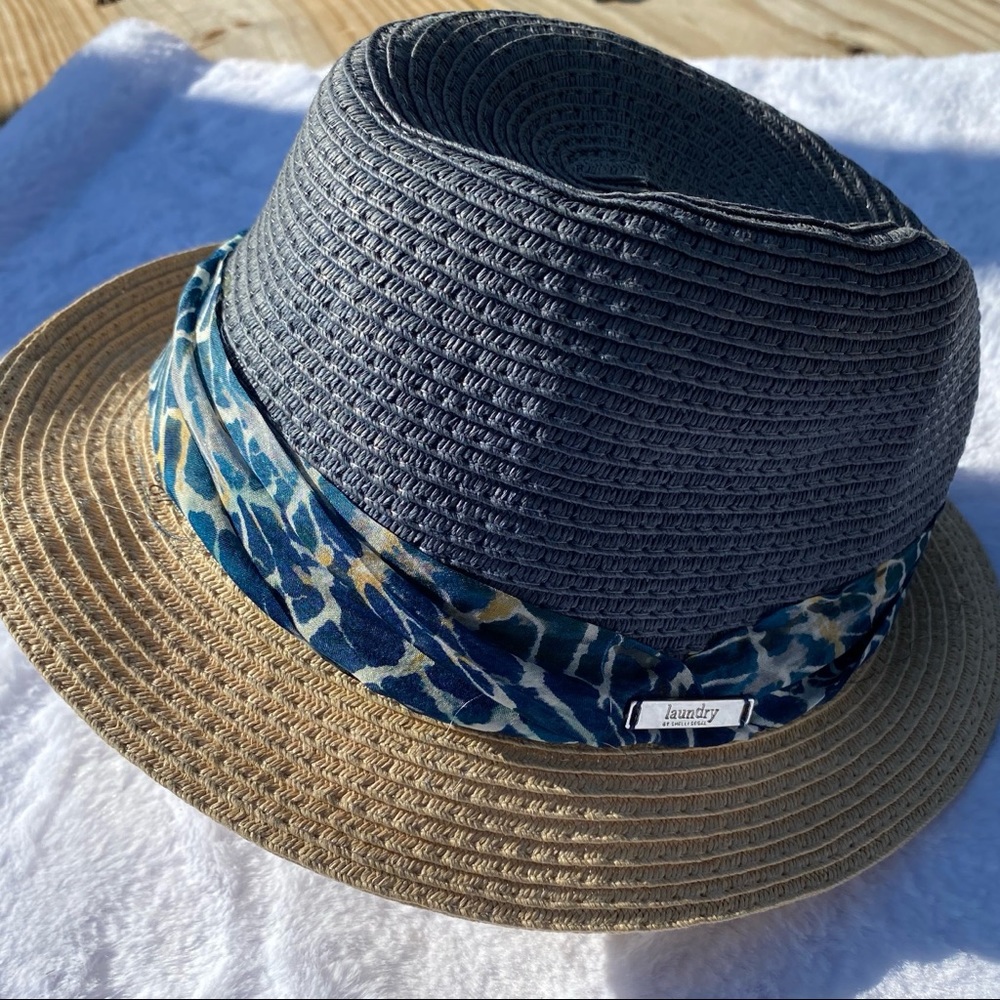 Laundry By Shelli Segal Two-Tone Straw Fedora with Blue Floral Band